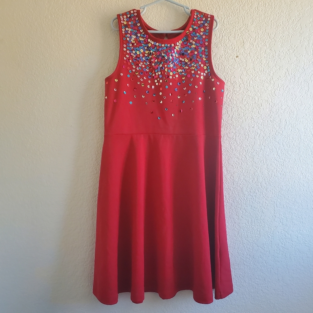 Lands End Girls Red Sequence Sleeveless Dress Size Medium(10-12)